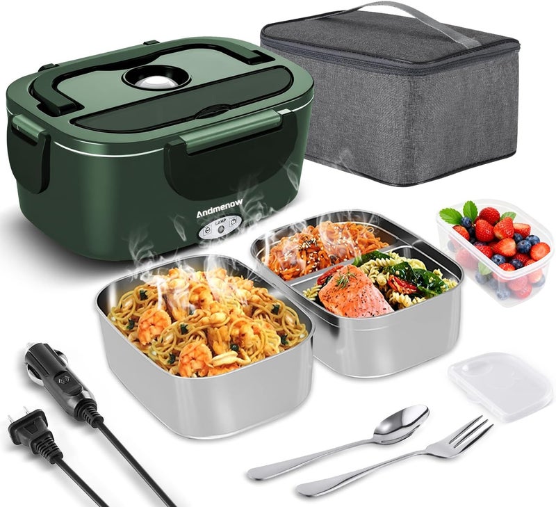 Andmenow Electric Lunch Box 80W Food Heater with Dual Container, Portable Lunch Warmer for Adults, Upgraded Heated Lunch Box for Car/Truck/Office,110/24/12V 1.5L Green - Image 1